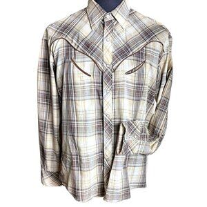 BJ-R Mens Tan  Brown Plaid Western Pearl Snaps Long Sleeve Shirt Size XLT